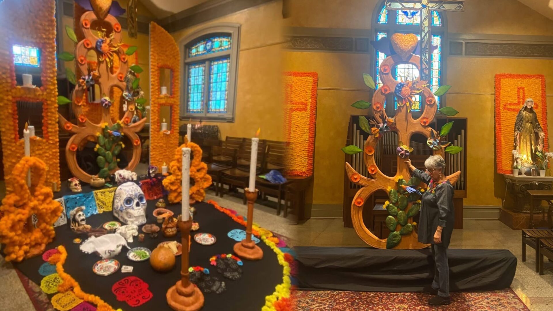 Collage de dos fotografías del altar de Día de Muertos en la Catedral Saint James de Seattle. A la izquierda se observa la ofrenda decorada con flores de cempasúchil, velas y calaveras; a la derecha, María Guadalupe Casey, fundadora de The Fat Brush: Art Workshop, acomoda elementos de la instalación artística.