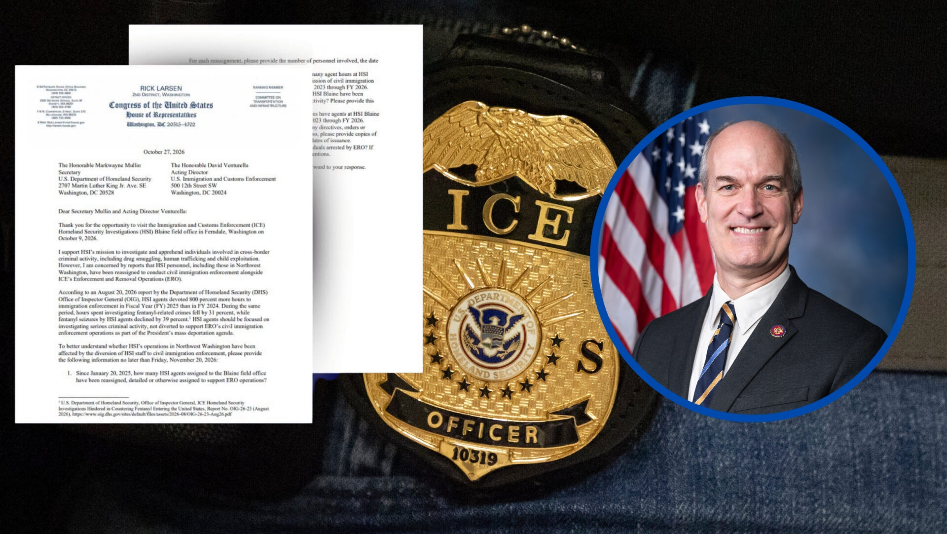 Composición gráfica con la fotografía oficial del congresista Rick Larsen, una placa de un agente del Servicio de Inmigración y Control de Aduanas (ICE) y la carta enviada por Larsen a las autoridades federales el 27 de octubre de 2026.