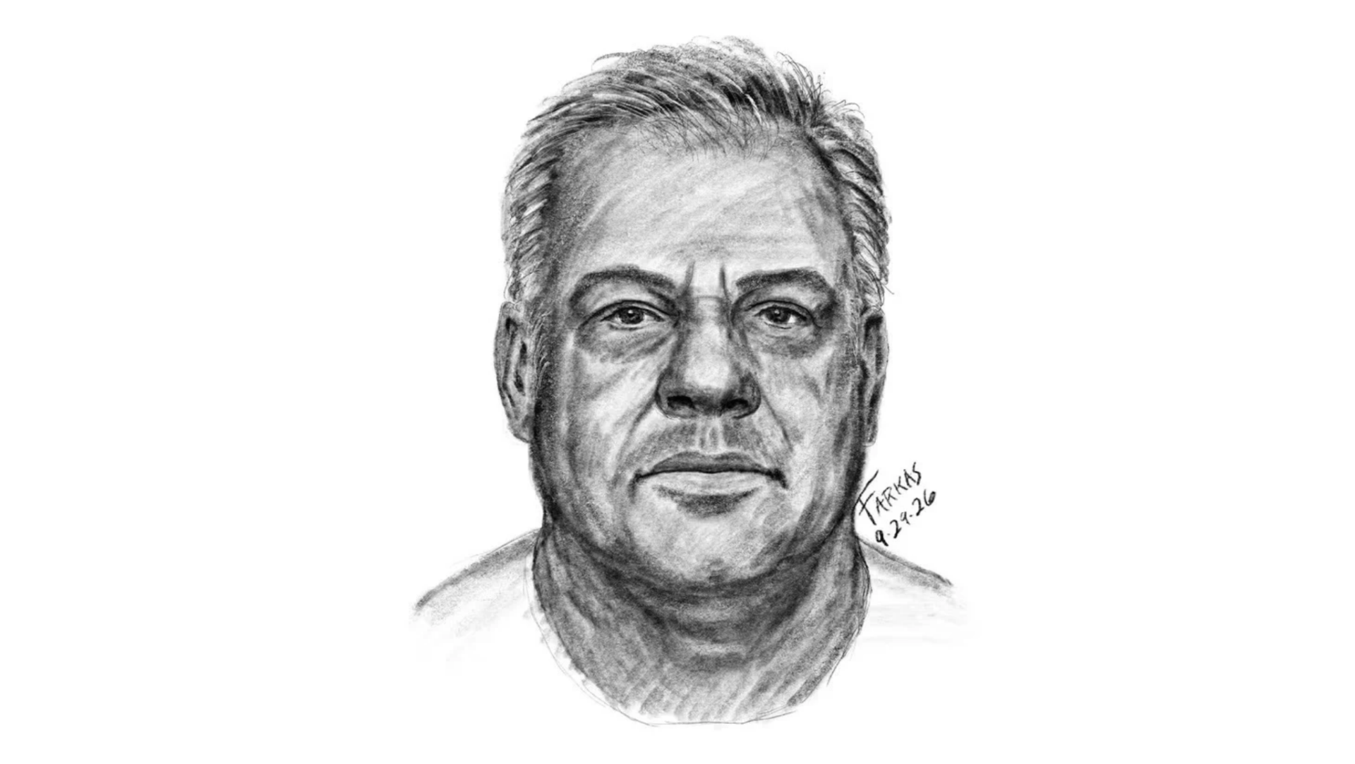Retrato forense en blanco y negro de un hombre de mediana edad, con cabello corto y entradas pronunciadas, cuya identidad busca establecer la Oficina del Médico Forense del Condado de King.