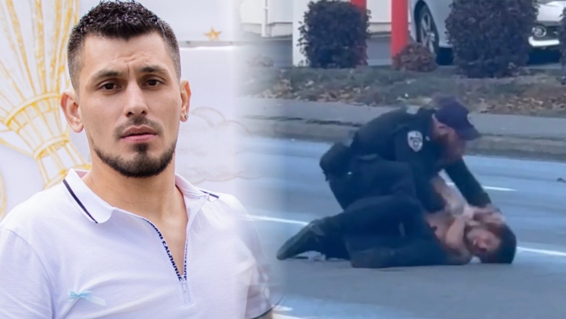 Collage con una fotografía de Mauro Alberto Félix, de 33 años, a la izquierda, y una captura de video a la derecha que muestra a un policía de Auburn encima de él durante su detención en una calle de Washington.