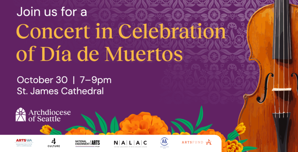 Cartel promocional del concierto de Día de Muertos en la Catedral Saint James de Seattle, programado para el 30 de octubre de 2026, de 7 a 9 p.m. El diseño incluye un violín, flores de cempasúchil y los logotipos de las organizaciones colaboradoras.